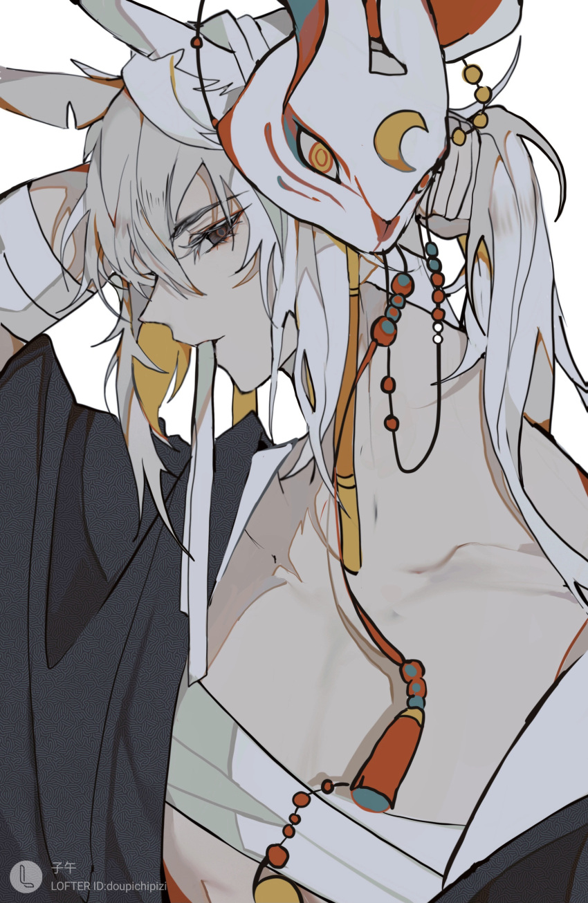 1boy, absurdres, bandages, bird_hair, chain, collarbone, earrings, from_side