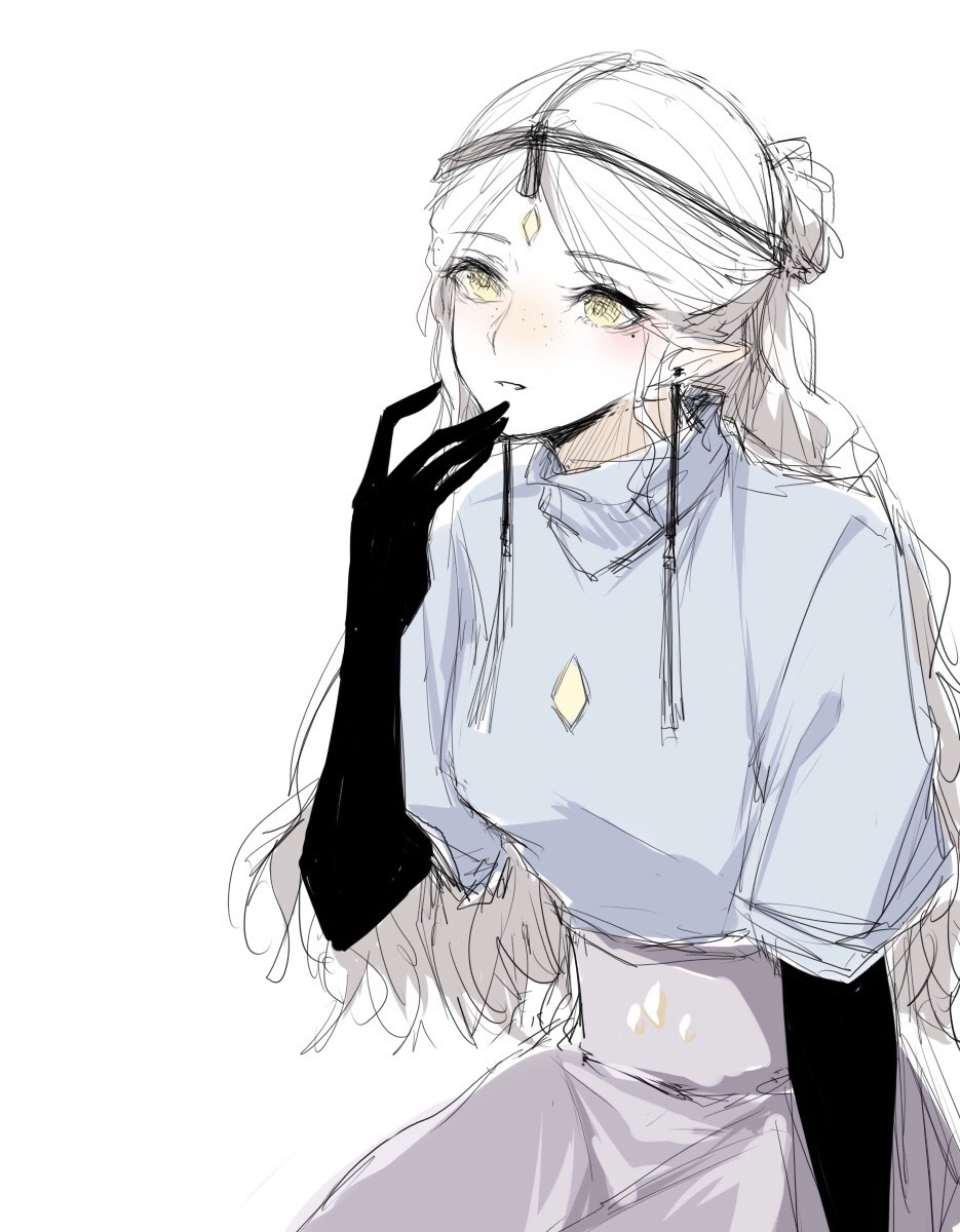 1girl, black_gloves, earrings, facial_mark, forehead_mark, fr001104, gloves, hair_ornament