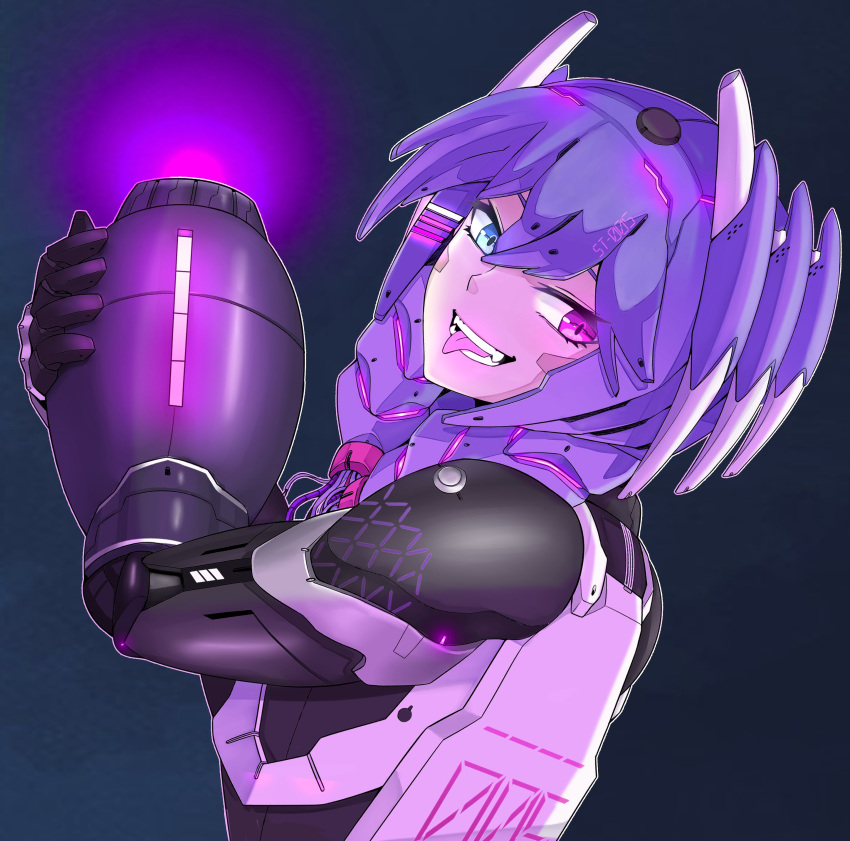 1girl, absurdres, android, arm_cannon, bangs, black_background, blue_eyes, eagledl, english_commentary, fangs, from_side, glowing, heterochromia, highres, looking_back, mechanization, mega_man_(series), mega_man_x_(series), nijisanji, nijisanji_en, purple_hair, selen_tatsuki, smile, solo, tongue, tongue_out, violet_eyes, virtual_youtuber, weapon