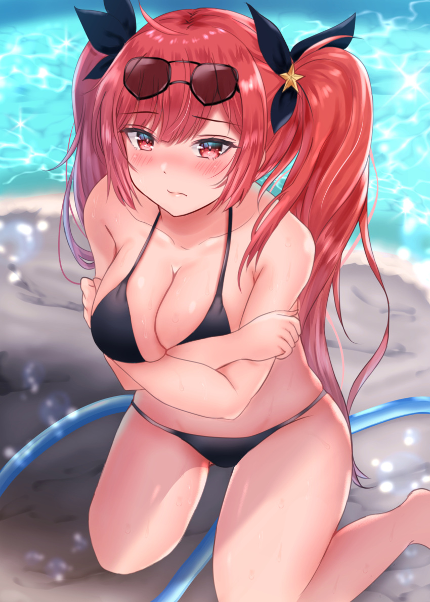 1girl, akuakuran, azur_lane, beach, bikini, black_bikini, black_ribbon, blush