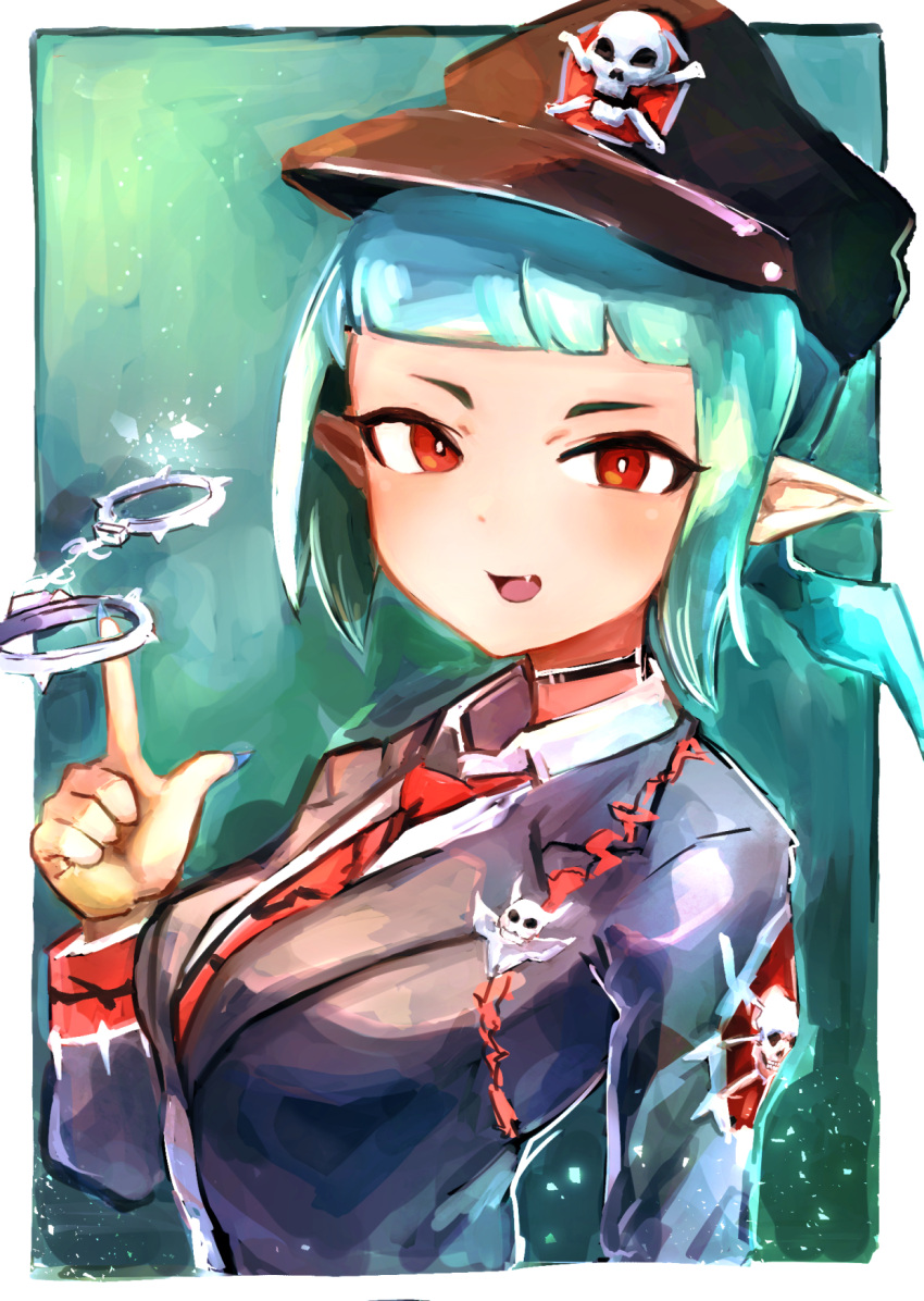1girl, aqua_hair, bangs, beat_cop_from_the_underworld, blunt_bangs, border, choker, cuffs
