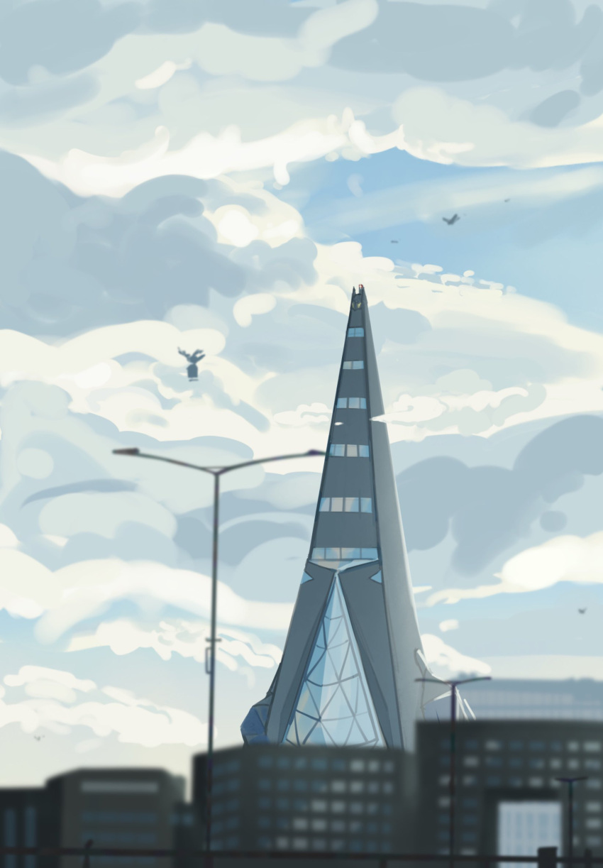 bird, blurry, building, city, clouds, commentary_request, corviknight, day, draw_pann33, duraludon, fence, flying, from_below, gigantamax, gigantamax_duraludon, highres, lamppost, outdoors, pokemon, pokemon_(creature), sky, window