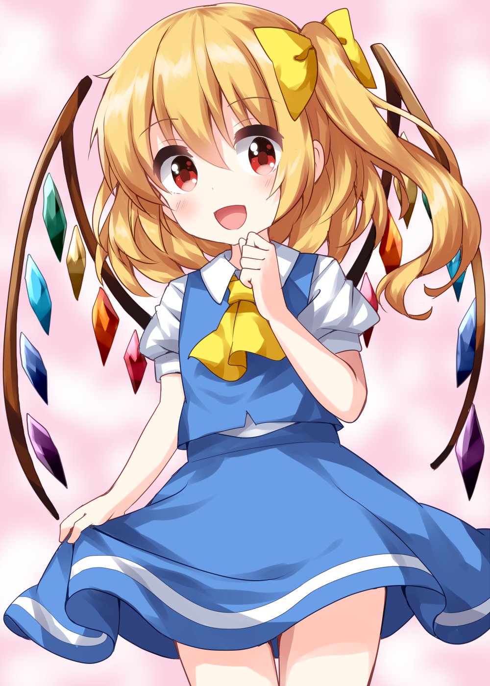 1girl, :d, ascot, bangs, blonde_hair, blue_skirt, blue_vest, blush