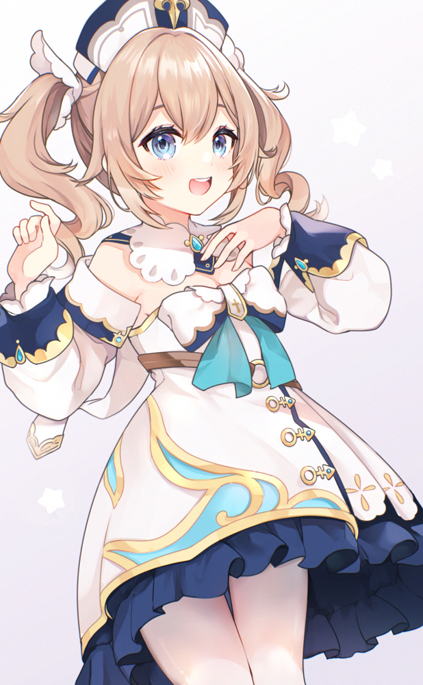 1girl, aco_(acco_0v0), barbara_(genshin_impact), bow, bowtie, dress, drill_hair, genshin_impact, long_sleeves, open_mouth, smile, solo, twin_drills, twintails, white_dress