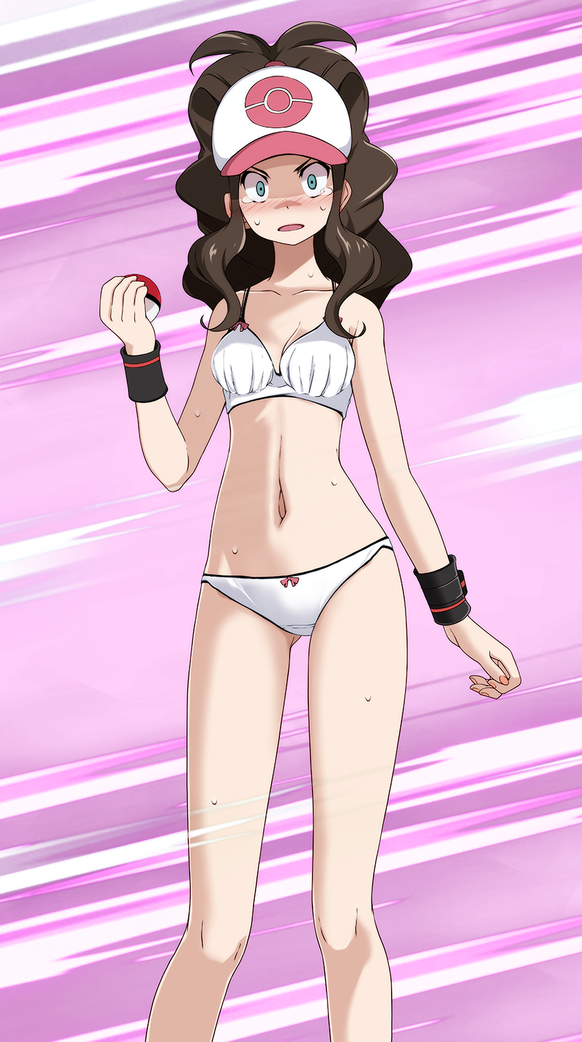 1girl, bare_legs, baseball_cap, blue_eyes, blush, bra, breasts, brown_hair