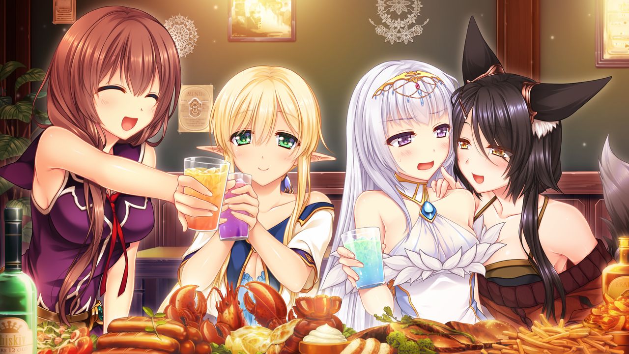 4girls, :d, ^_^, an'youshi_makoto, animal_ears, black_hair, blonde_hair, breasts, brown_hair, closed_eyes, closed_mouth, collarbone, cup, daria_kirdyapkina, detached_collar, dress, elf, fox_ears, fox_tail, game_cg, green_eyes, halterneck, hand_on_another's_shoulder, holding, holding_cup, index_finger_raised, indoors, long_hair, medium_breasts, multiple_girls, muutsuki, neckerchief, official_art, open_mouth, pointy_ears, poking, purple_sailor_collar, purple_shirt, red_neckwear, sailor_collar, sailor_shirt, shiny, shiny_hair, shirasaki_natsu, shirt, silver_hair, sleeveless, sleeveless_dress, sleeveless_shirt, smile, sweatdrop, tail, tokiwagi_yuki, unjou_no_fairy_tale, upper_body, very_long_hair, violet_eyes, white_dress, yellow_eyes