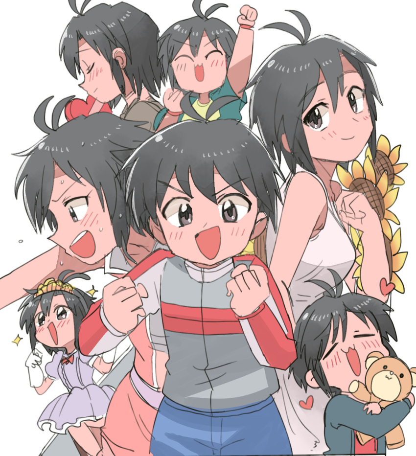 :3, :d, antenna_hair, arm_up, bangs, black_hairband, blue_pants, blush