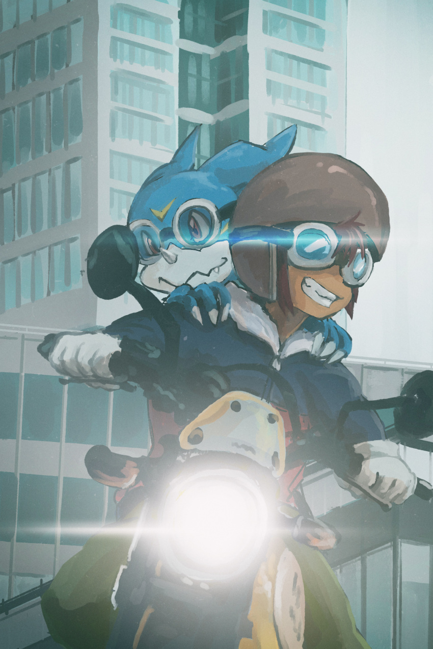 1boy, brown_hair, building, clenched_hand, digimon, digimon_(creature), digimon_adventure_02, fang