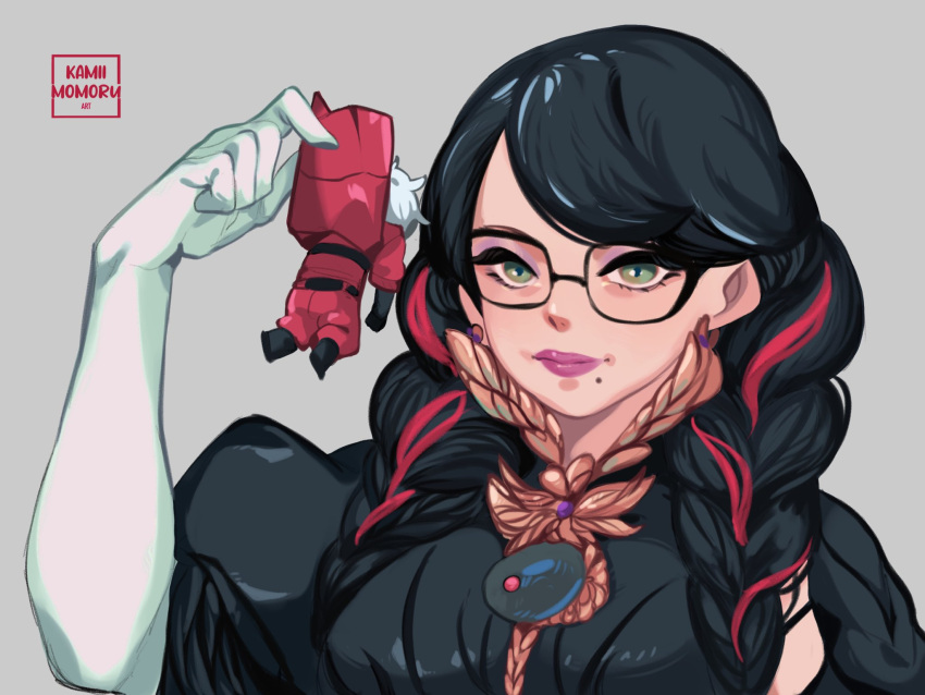 1girl, bayonetta, bayonetta_(series), bayonetta_3, black_hair, braid, clothing_cutout, dante_(devil_may_cry)