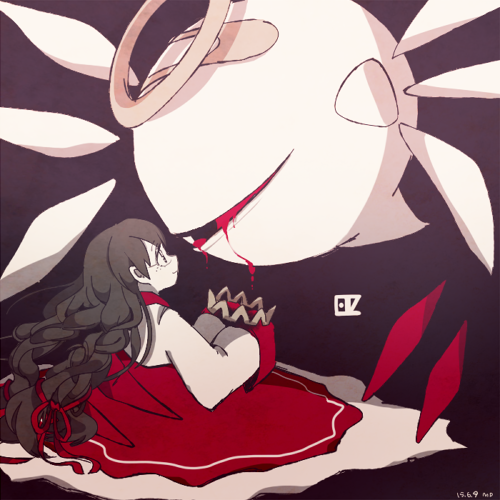 1girl, 1other, bandaid, black_hair, blood, blood_from_eyes, braid, character_name, dark_background, dress, freckles, glasses, halo, holding_crown, jimiko, kirby_(series), kirby_64, long_dress, looking_at_another, low_twin_braids, lowres, midooka_(o_k_k), pale_skin, queen, ripple_star_queen, round_eyewear, signature, simple_background, sleeves_past_fingers, sleeves_past_wrists, tareme, twin_braids, very_long_sleeves, wings, zero_two_(kirby)