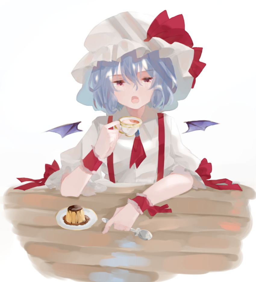 1girl, :o, bangs, bat_wings, blue_hair, bow, commentary_request, cup