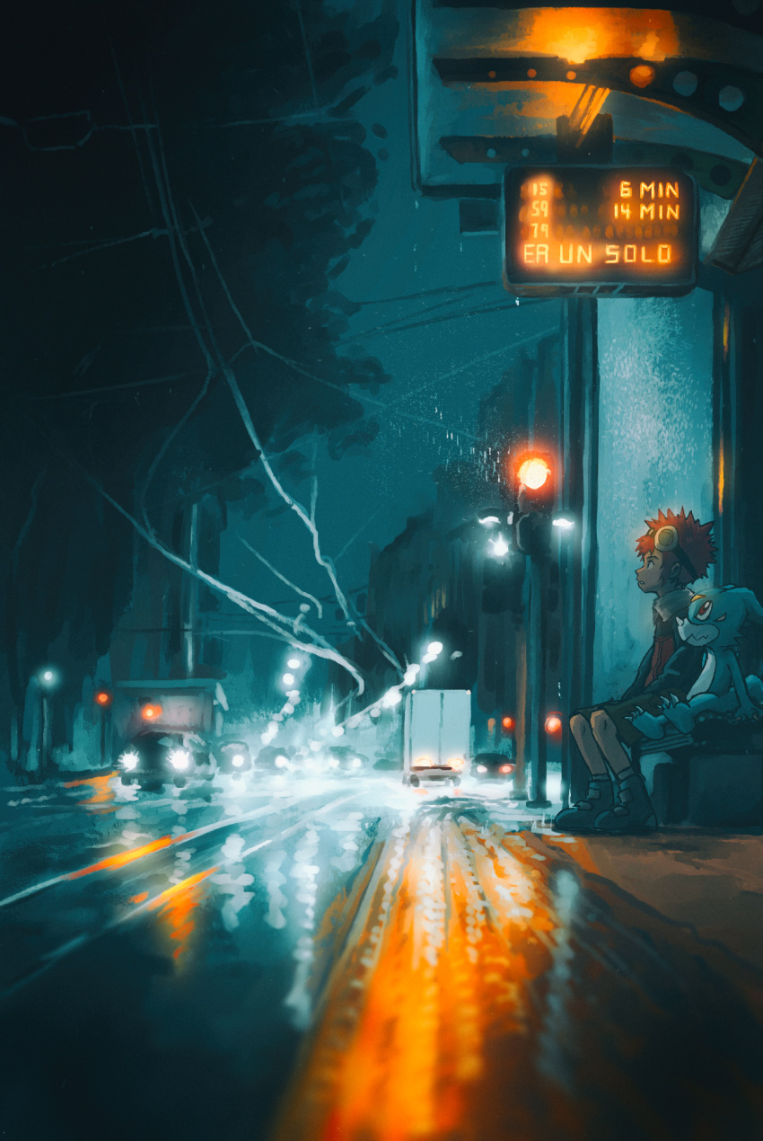 1boy, bench, brown_hair, bus_stop, clouds, cloudy_sky, digimon, digimon_(creature)