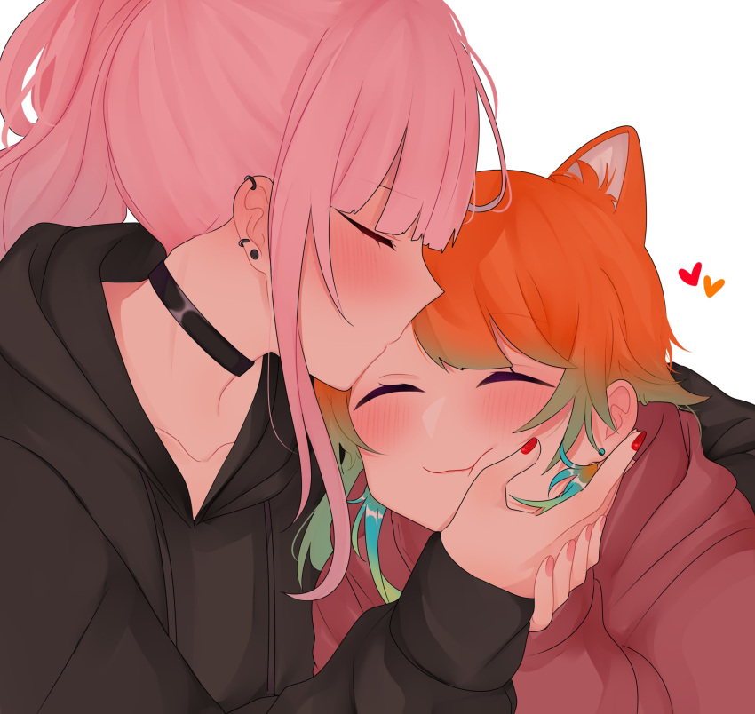 2girls, alternate_costume, animal_ears, blush, cat_ears, choker, closed_eyes, couple