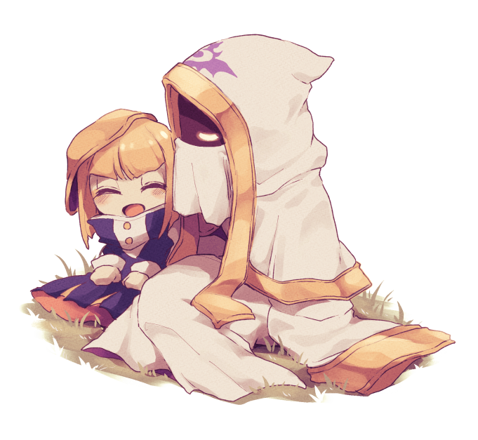 1boy, 1girl, bangs, blonde_hair, blunt_bangs, cloak, closed_eyes, disembodied_limb