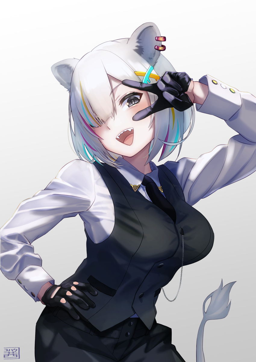 1girl, :d, absurdres, animal_ears, artist_logo, black_gloves, black_neckwear, black_pants
