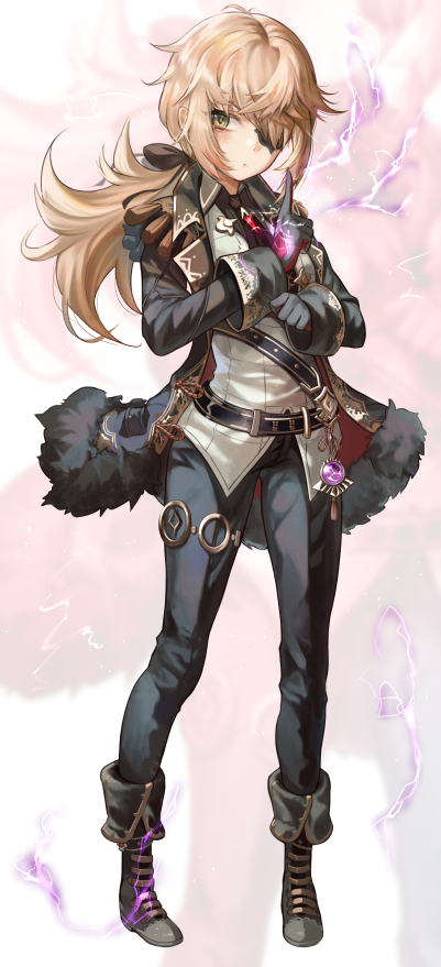 1girl, alternate_costume, alternate_hairstyle, bangs, belt, belt_buckle, black_bow, black_eyepatch, black_footwear, black_gloves, black_jacket, black_pants, blonde_hair, boots, bow, buckle, commentary_request, cosplay, crossed_bangs, diluc_(genshin_impact), diluc_(genshin_impact)_(cosplay), dress_shirt, electricity, eyepatch, fischl_(genshin_impact), formal, fur-trimmed_jacket, fur_trim, genshin_impact, gloves, green_eyes, hair_between_eyes, hair_bow, hair_over_one_eye, jacket, jitome, looking_to_the_side, pants, ponytail, shirt, solo, torriet, tsurime, untucked_shirt, vision_(genshin_impact), white_background, white_shirt