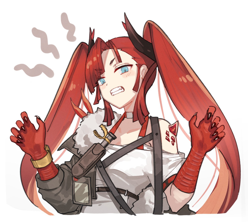 1girl, animal_hands, arknights, blue_eyes, brown_jacket, claws, clenched_teeth, cropped_torso