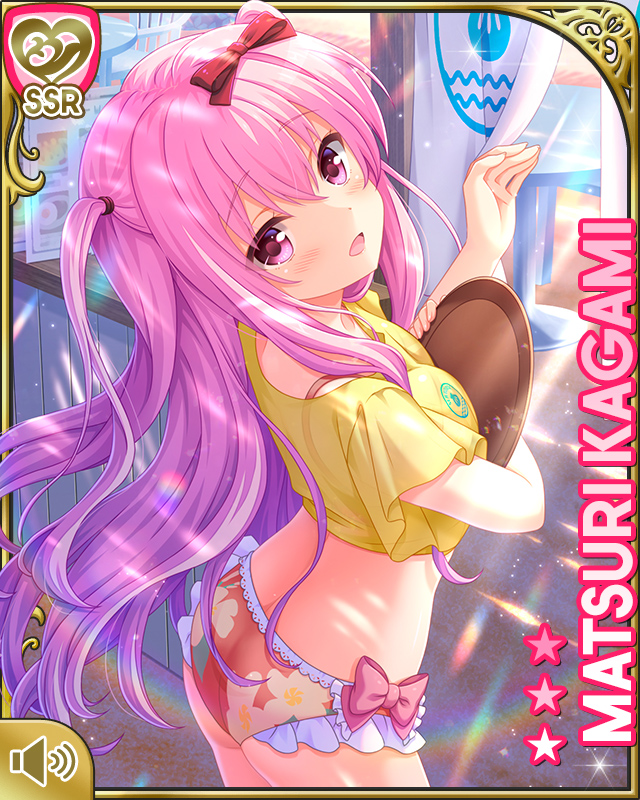 1girl, ass, bikini, bikini_under_clothes, bow, breasts, character_name, floral_print