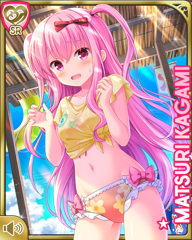 1girl, bikini, bikini_under_clothes, blush, bow, character_name, floral_print, frilled_bikini