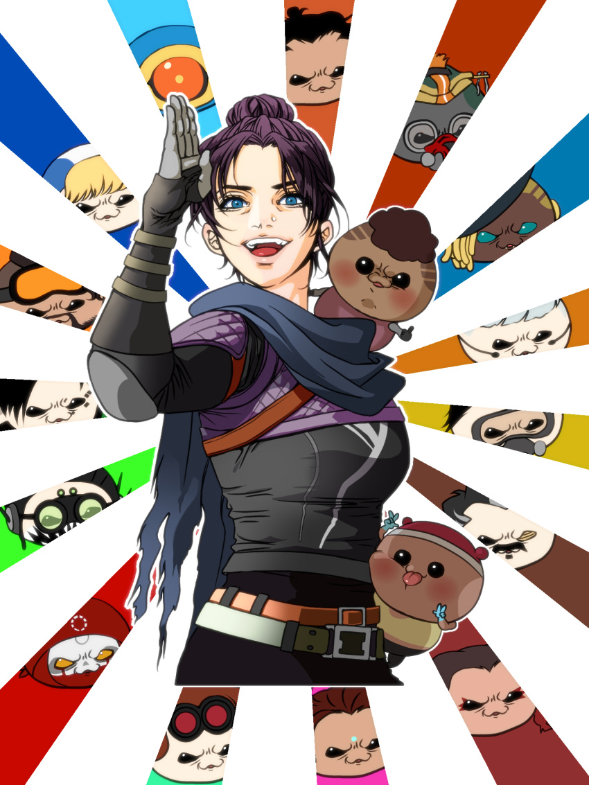 1other, 6+boys, 6+girls, apex_legends, bangalore_(apex_legends), bangs, belt, black_bodysuit