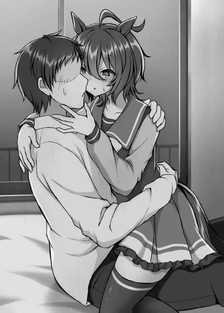 1boy, 1girl, absurdres, agnes_tachyon_(umamusume), commentary_request, faceless, faceless_male, greyscale