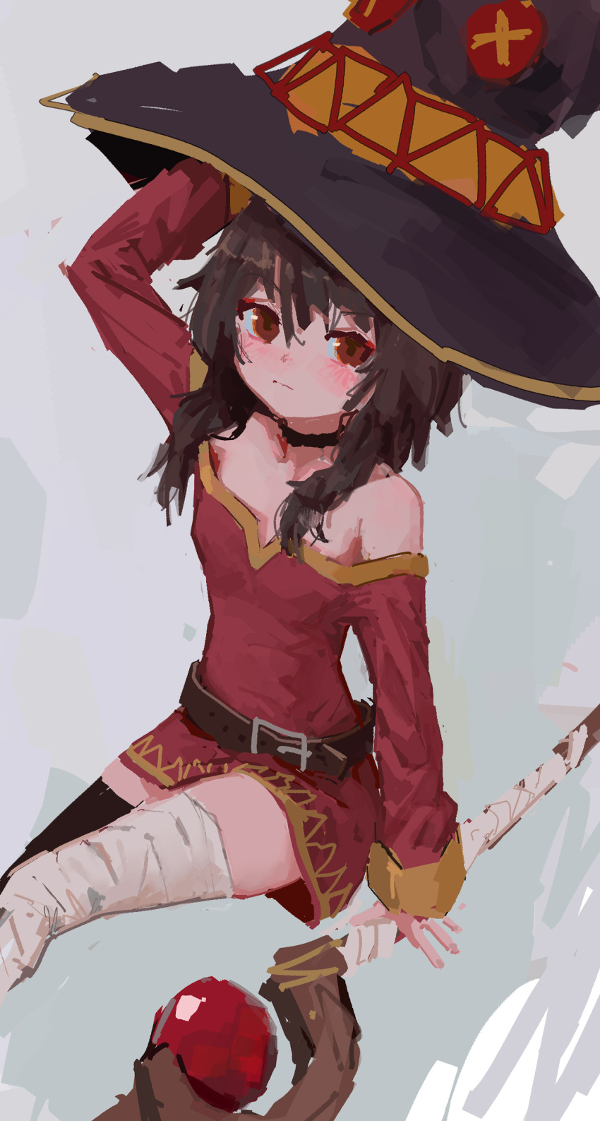 1girl, absurdres, bandaged_leg, bandages, bare_shoulders, belt, belt_buckle, black_choker