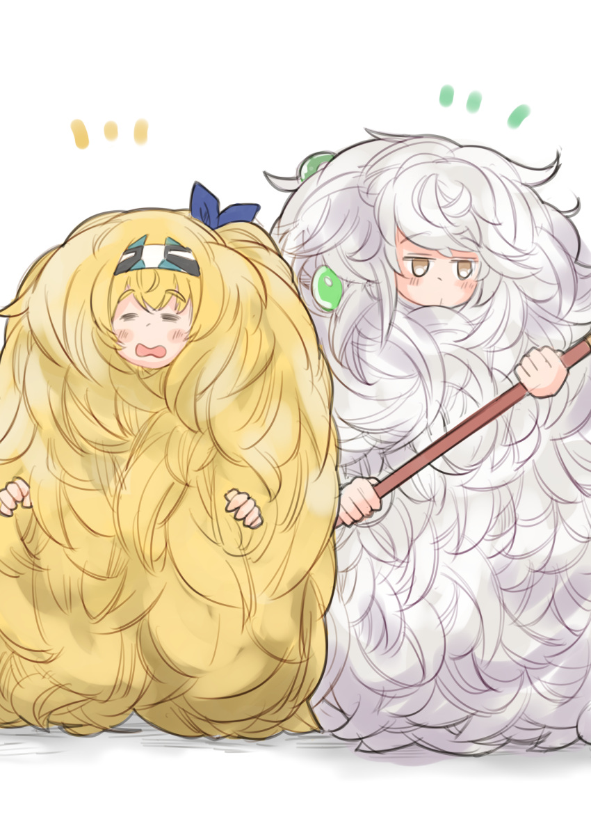 2girls, absurdly_long_hair, blonde_hair, blue_ribbon, blush, brown_eyes, closed_eyes, commission