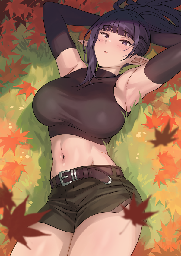 1girl, :o, arisa, armpits, arms_behind_head, bangs, banned_artist, belt