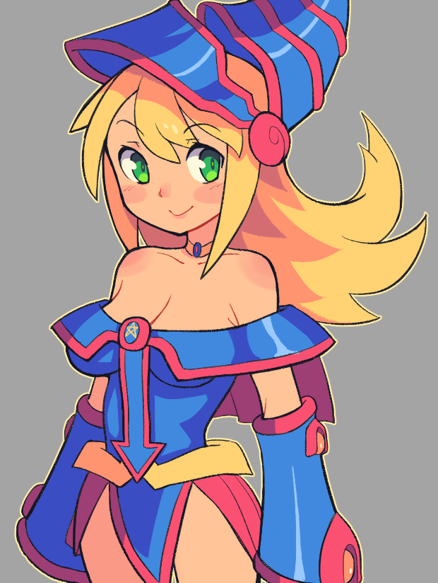 1girl, blonde_hair, blue_dress, blush_stickers, breasts, cowboy_shot, dark_magician_girl, detached_sleeves