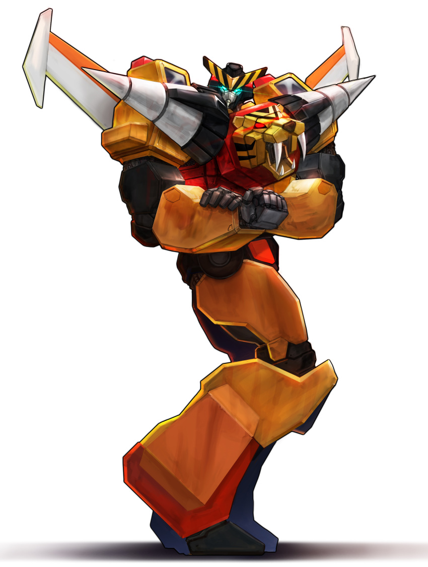 absurdres, blue_eyes, drill, dumbbell_nan_kilo_moteru?, flexing, glowing, glowing_eyes, highres, looking_at_viewer, mecha, mechanical_wings, no_humans, parody, pose, science_fiction, solo, sterben, super_build_tiger, super_robot, v-fin, white_background, wings, yuusha_keisatsu_j-decker, yuusha_series