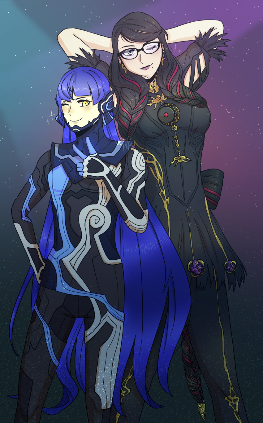 1boy, 1girl, absurdres, androgynous, armor, bangs, bayonetta, bayonetta_(series)