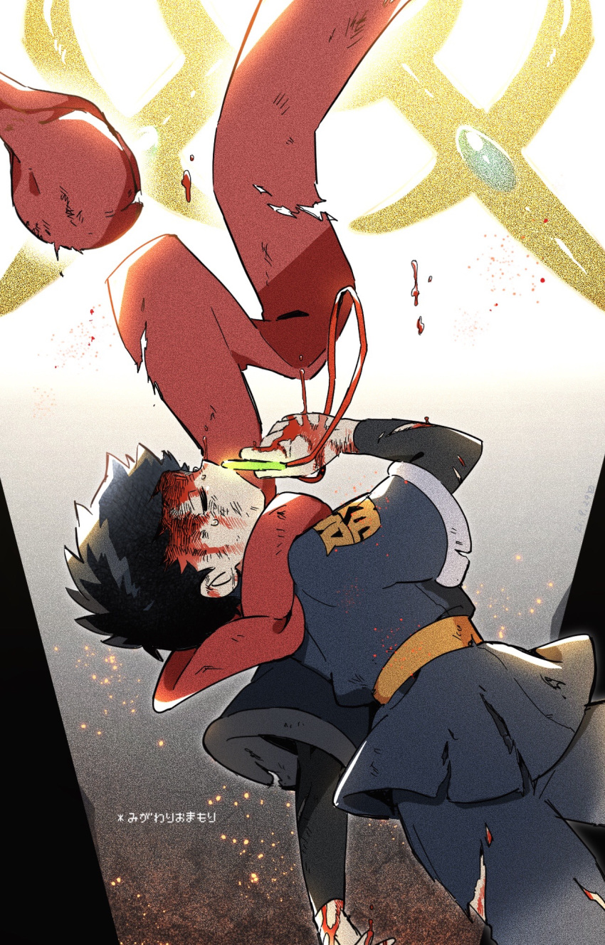 1boy, bangs, black_hair, black_undershirt, blood, blood_on_face, closed_eyes, commentary_request