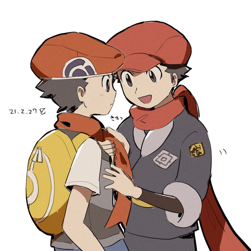 2boys, :d, adjusting_neckwear, backpack, bag, closed_mouth, commentary_request, dated