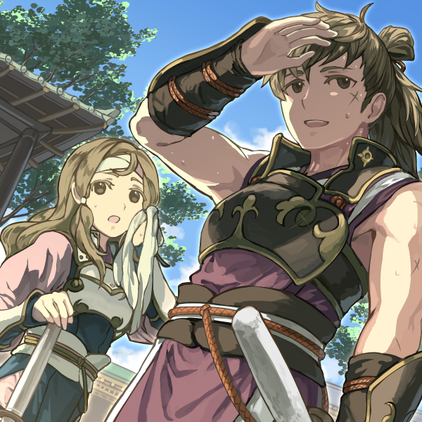 1boy, 1girl, architecture, armor, bangs, black_armor, blue_sky, bracer