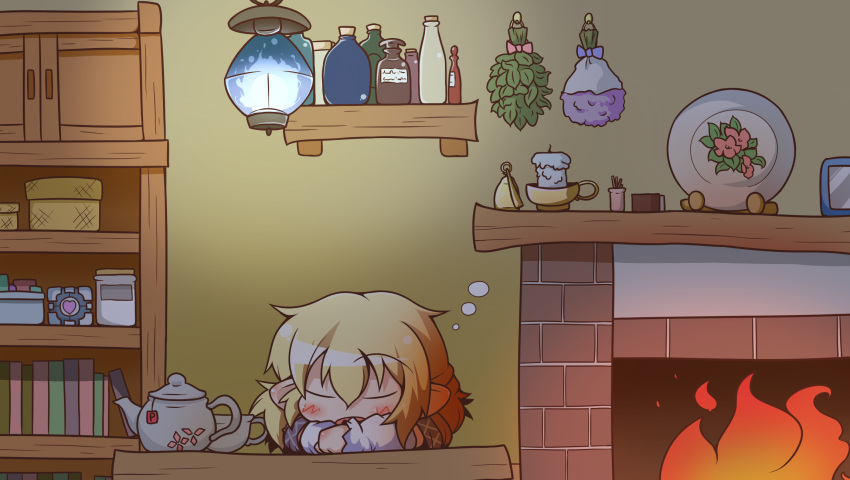 blonde_hair, companion_cube, fire, mizuhashi_parsee, sleeping, touhou