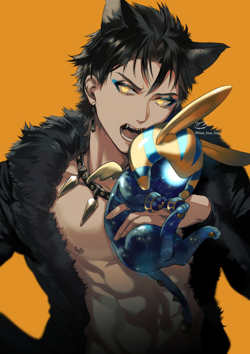 1boy, abs, animal_collar, animal_costume, animal_ears, black_collar, black_hair, black_jacket