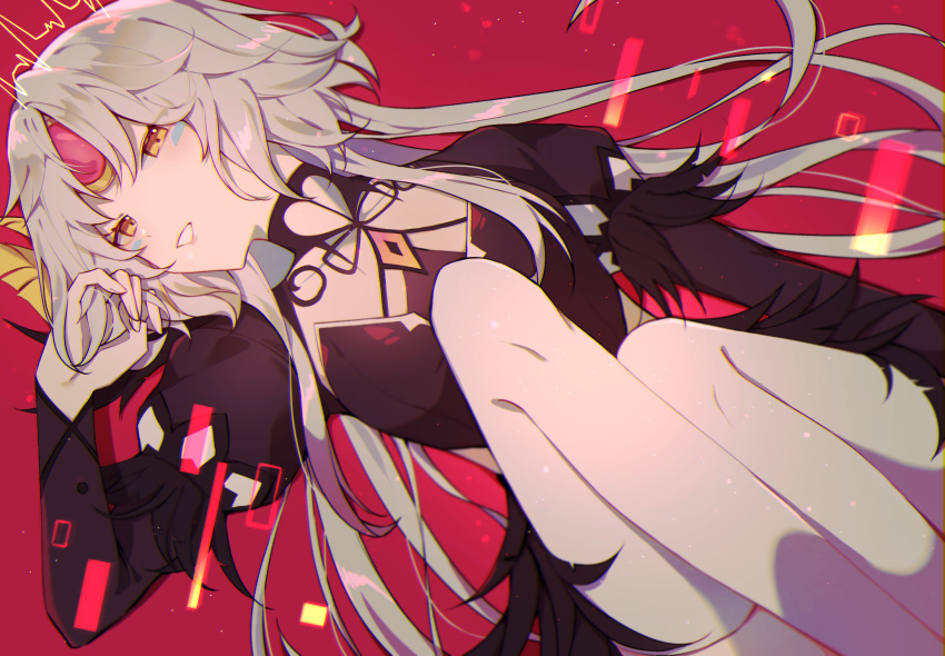 1girl, adjusting_hair, android, artist_request, bangs, black_dress, black_feathers, breasts, code:_antithese_(elsword), commentary, crown, dark_persona, dress, electricity, elsword, english_commentary, eve_(elsword), eyes_visible_through_hair, facial_mark, feather_trim, feathers, fingernails, forehead_jewel, grin, half-closed_eyes, hand_in_hair, highres, jewelry, juliet_sleeves, long_hair, long_sleeves, looking_at_viewer, looking_down, puffy_sleeves, rectangle, red_background, robot, silver_hair, sitting, small_breasts, smile, solo, teeth, thighs, wavy_hair, white_legwear, yellow_eyes