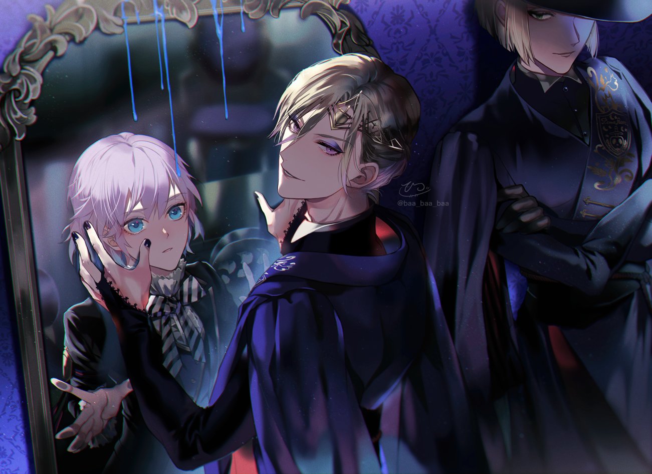 3boys, bangs, black_gloves, blonde_hair, blue_eyes, bridal_gauntlets, closed_mouth, crossed_arms