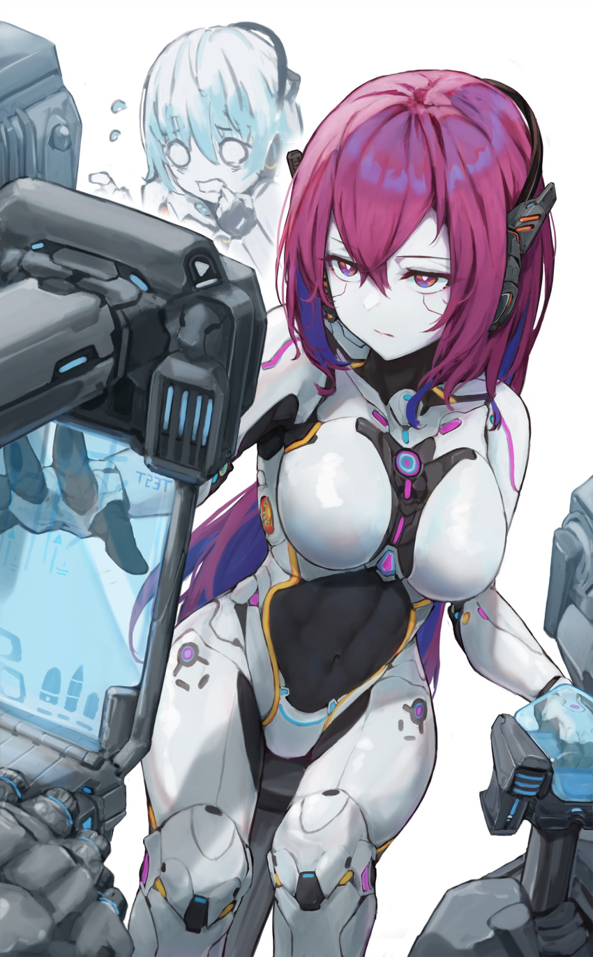 2girls, absurdres, android, bangs, blank_eyes, blue_eyes, blue_hair, bright_pupils