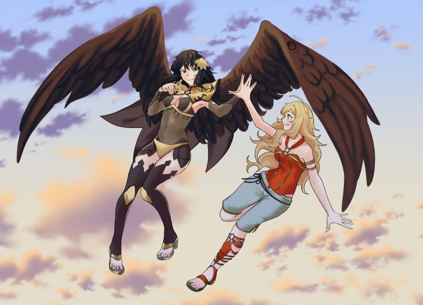 2girls, absurdres, ahoge, bangs, black_hair, blonde_hair, clouds, cloudy_sky