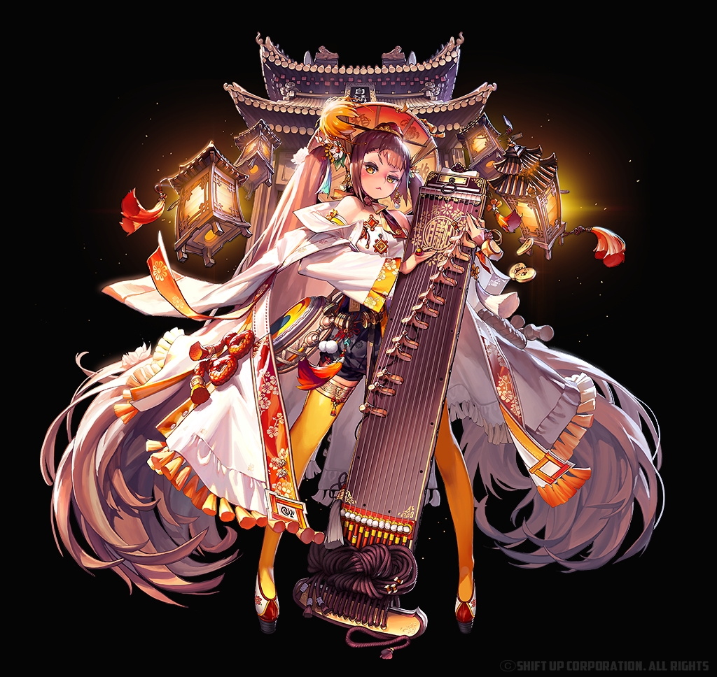 1girl, architecture, bare_shoulders, black_background, black_pants, blush, brown_hair, closed_mouth