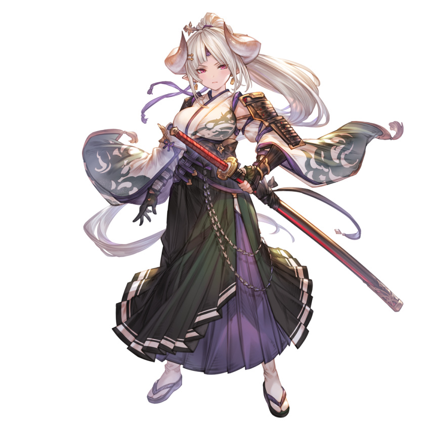 1girl, armor, azusa_(granblue_fantasy), bangs, black_hakama, breasts, draph, granblue_fantasy