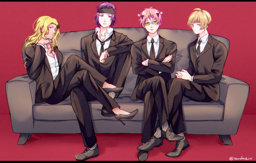 aiura_mikoto, black_suit, blonde_hair, character_name, couch, hair_ornament, headband, headgear