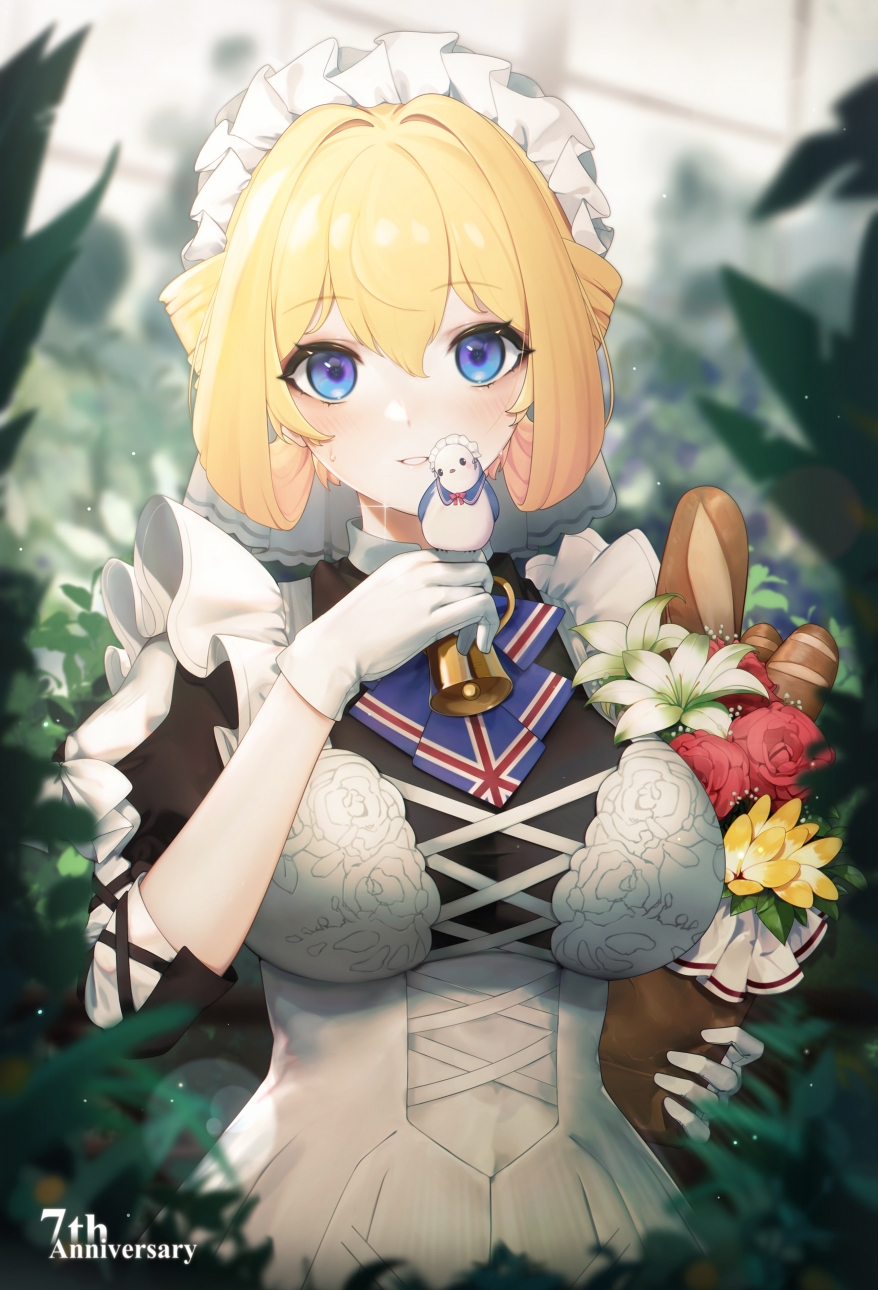 1girl, apron, bell, black_dress, blonde_hair, blue_eyes, breasts, dress