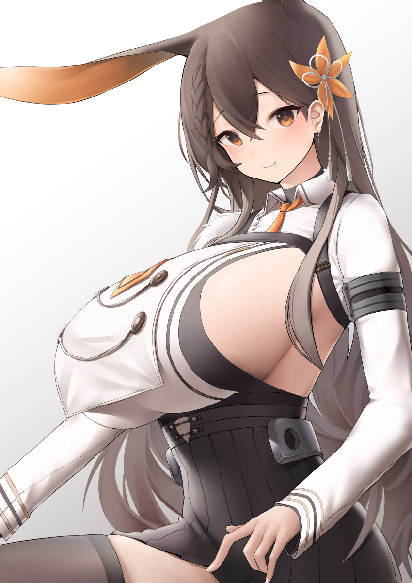 1girl, absurdres, animal_ears, azur_lane, black_legwear, braid, breasts, brown_eyes