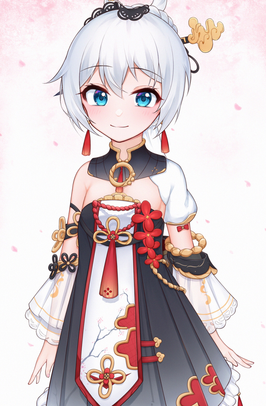 1girl, bangs, blue_eyes, china_dress, chinese_clothes, dress, earrings, hair_between_eyes