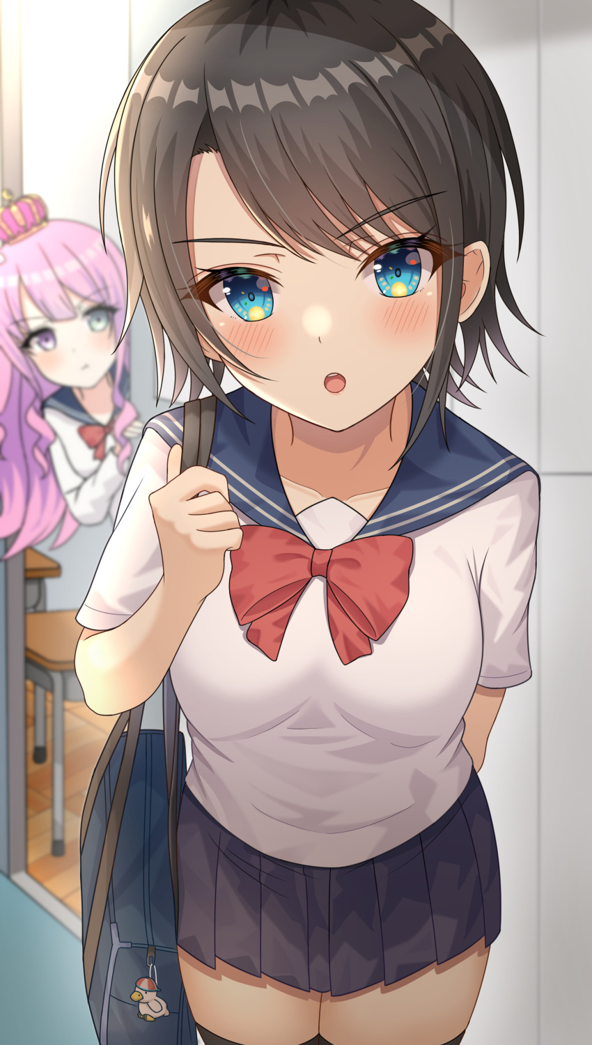 2girls, absurdres, bag, bangs, black_hair, black_legwear, black_skirt, blue_eyes, blush, bow, bowtie, breasts, crown, green_eyes, heterochromia, highres, himemori_luna, hisui_(user_zvkr2432), hololive, indoors, long_hair, long_sleeves, medium_breasts, mini_crown, multiple_girls, oozora_subaru, open_mouth, pleated_skirt, pov, red_neckwear, school_bag, school_uniform, serafuku, short_hair, short_sleeves, skirt, subaru_duck, swept_bangs, thigh-highs, violet_eyes, virtual_youtuber, wavy_hair, white_serafuku