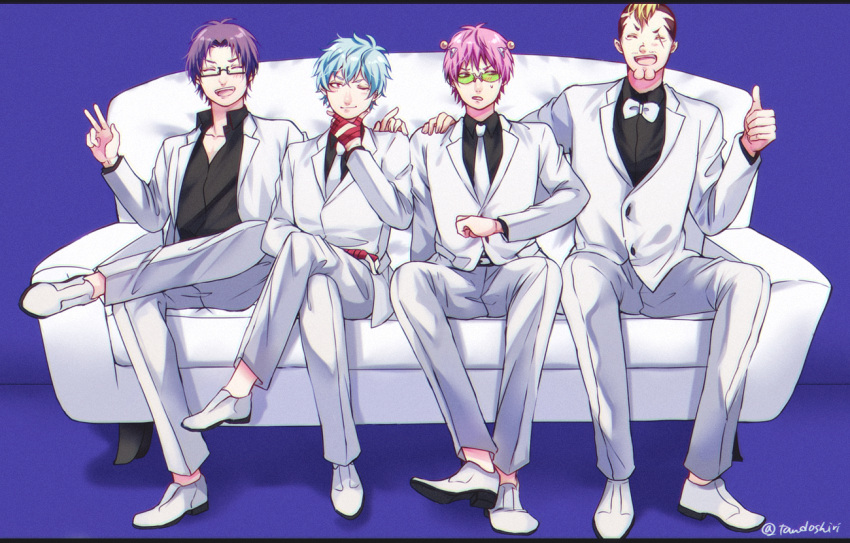 4boys, bandages, blue_hair, cleft_chin, couch, facial_hair, formal, glasses