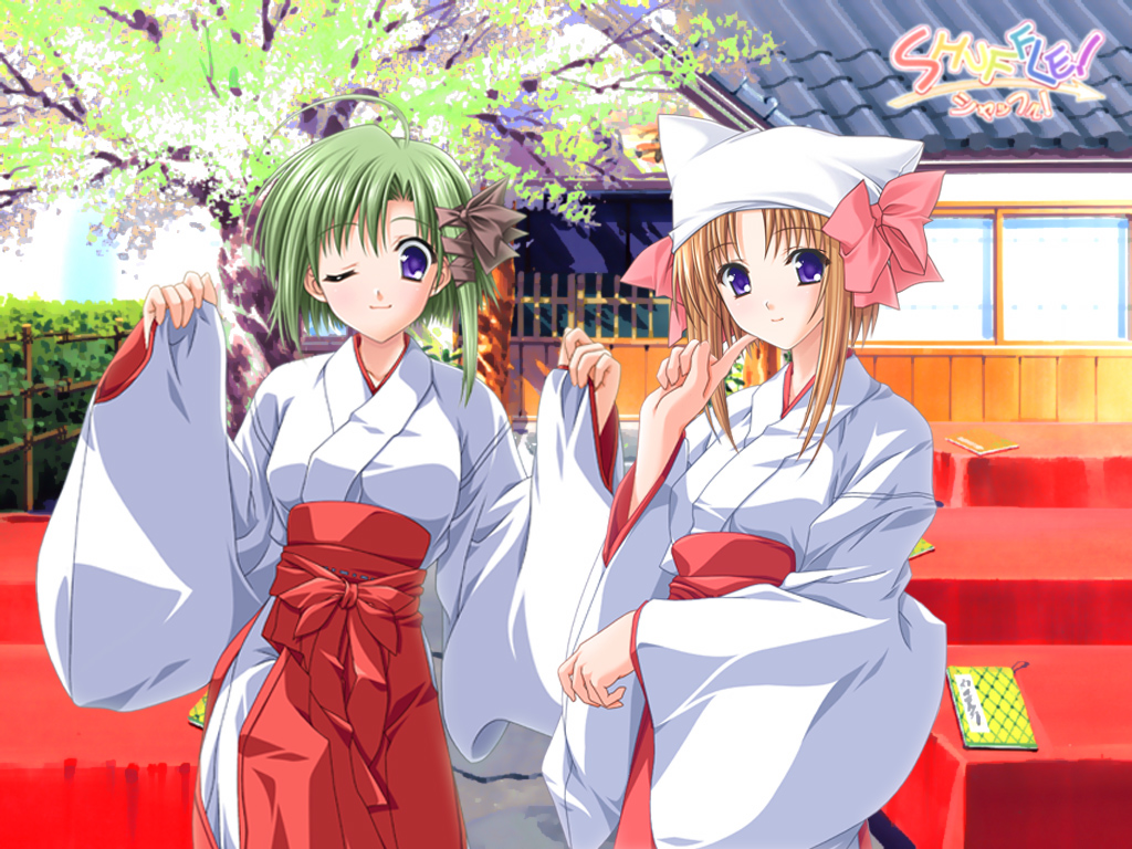 japanese_clothes, miko, mother_and_daughter, multiple_girls, nishimata_aoi, official_art, shigure_ama, shigure_asa