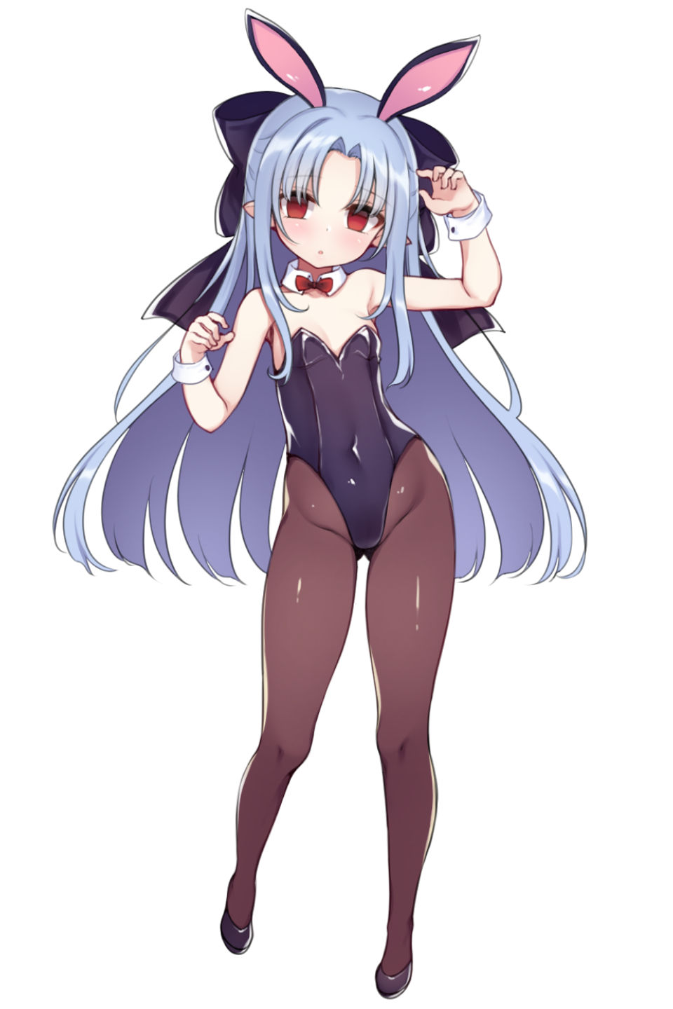 animal_ears, arm_up, ass_visible_through_thighs, bare_shoulders, black_leotard, blue_hair, blush, bow